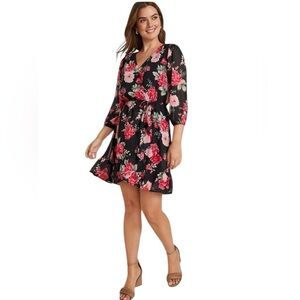 Floral NEW Black Red, Pink Wrap Ruffle Hem Flowy Boho Skater Dress Plus Size 3X